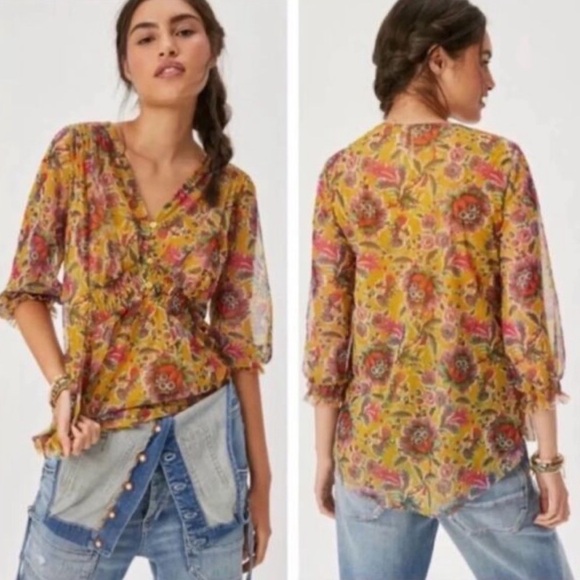 Anthropologie Gretchen Yellow Mesh Floral Print Smocked Top Blouse - Picture 1 of 9